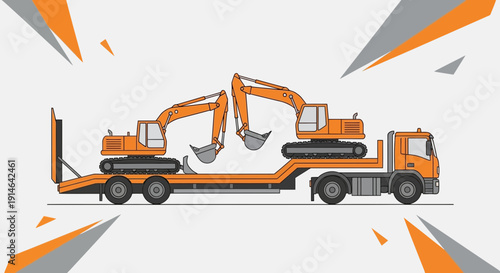 Heavy Machinery Transport On Flatbed Truck Construction Vehicle Load