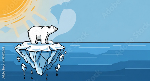 Polar bear standing on melting iceberg with sun in background symbolizing climate change and global warming effects on arctic wildlife and ecosystems