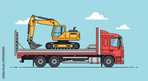 Heavy Machinery Transportation Excavator Hauling Flatbed Truck