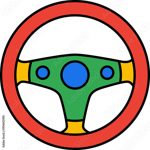 Colorful toy steering wheel icon with red rim and green center