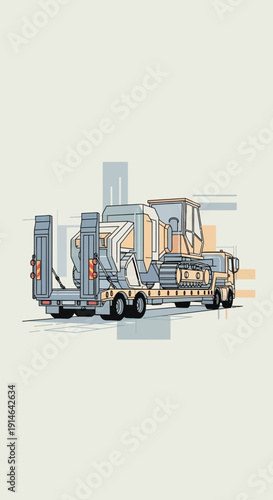 Heavy Machinery Transported On A Lowboy Trailer Featuring Industrial Artwork