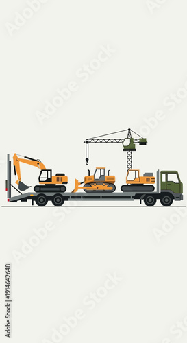 Heavy Machinery Transported On A Lowloader Truck Construction Equipment Ready For Work