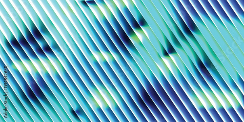 Glass green ribbed texture background with vertical fluted gradient pattern and abstract 3D lines in blue light design