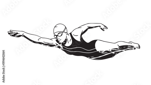 Dynamic illustration of a swimmer performing a powerful freestyle stroke across the water.