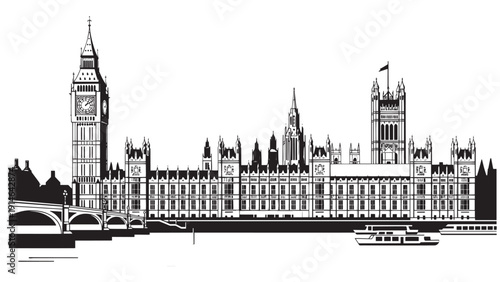 Silhouetted London Parliament and Big Ben at River Thames, Grand Architectural Skyline.