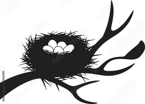 A silhouette of a birds nest cradling several eggs, perched securely on a tree branch