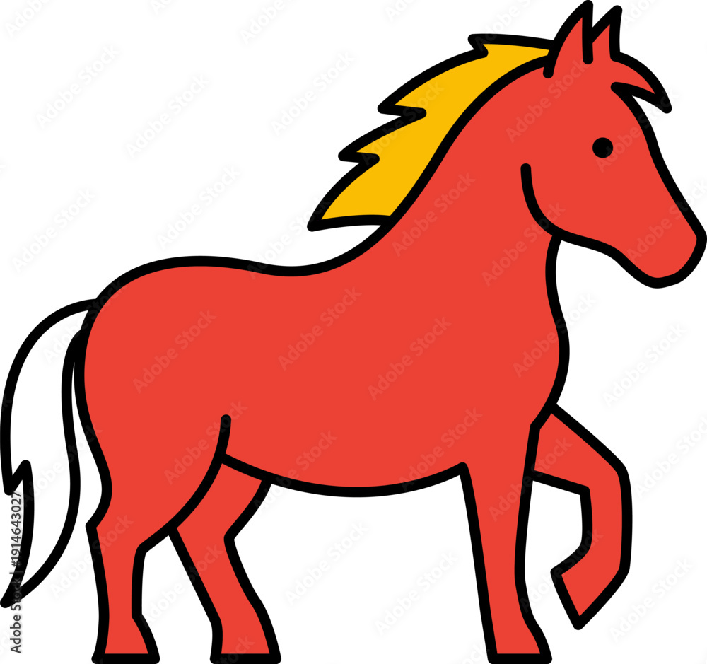 Fototapeta premium Stylized red horse illustration with yellow mane and white tail