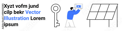 Key, solar panel, and person interacting with a device for video play, representing technology, security, and sustainability. Ideal for education, innovation, energy environment clean tech