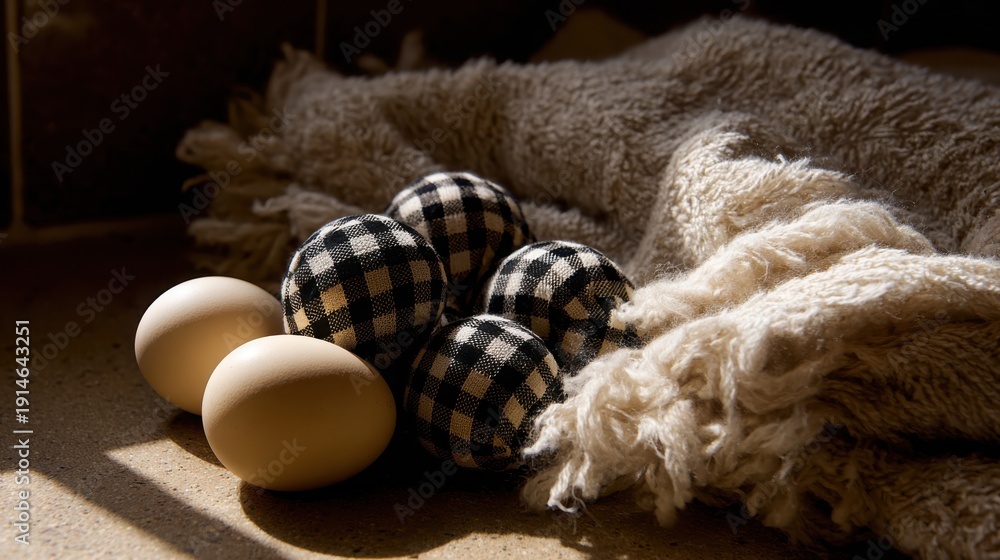 Obraz premium Gingham Fabric Eggs and Natural Eggs Peeking from Cozy Textured Nest