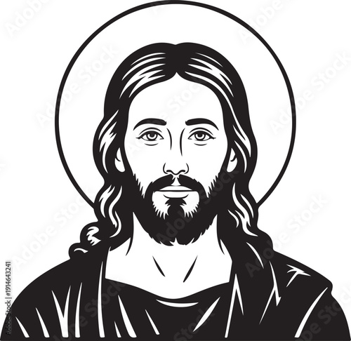 A solemn black and white illustration of Jesus Christs face, featuring a beard, long hair, and a halo