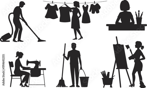 Set of black silhouettes showing people cleaning house, hanging laundry, sewing, vacuuming, and painting on canvas for household lifestyle activities. (20 words)