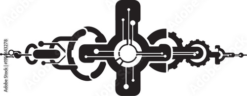 Intricate black and white mechanical gear design illustration artwork