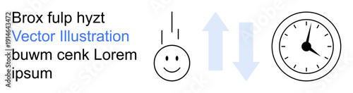 Time management, workflow planning, task prioritization, productivity strategies, decision-making, and deadlines. A clock, upward and downward arrows and a smiling face. Time management and workflow