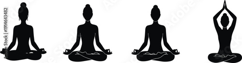 Set of Woman Yoga Meditation Silhouette Poses in Lotus Position Isolated on White Background Vector Illustration