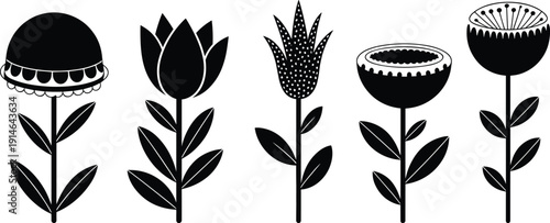 Set of minimalist black flower silhouettes and stylized floral icons for Scandinavian design, botanical patterns, and modern nature wall art. (20 words)