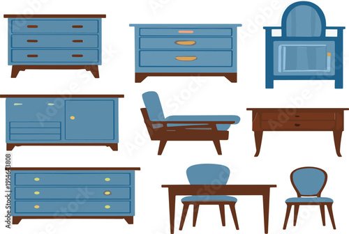 Vintage Wooden Furniture Collection with Cabinets Table Chairs and Armchair Retro Home Interior Vector Illustration