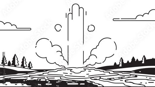 Monochrome landscape illustration of an eruptive fountain bursting from the ground with trees and clouds.