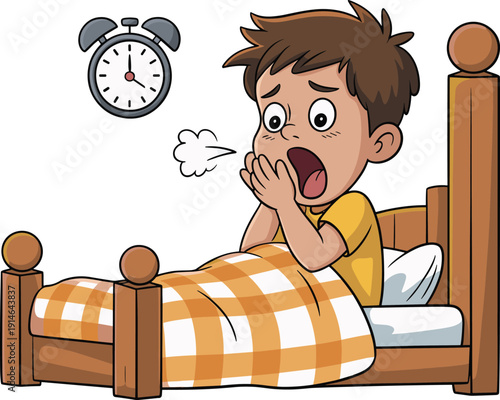 Cartoon illustration of a tired boy waking up in bed with an alarm clock, yawning and feeling sleepy in morning. (20 words)