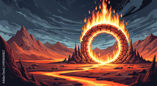 Fiery Portal Vector Illustration A Dramatic Scene of a Burning Ring in a Volcanic Landscape