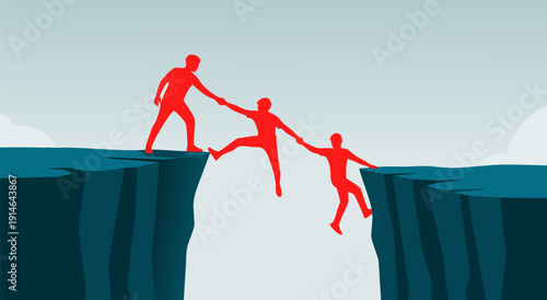 Teamwork and helping hand vector illustration of people crossing a chasm together