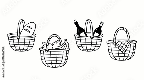 Wire baskets with various grocery items. Spring Vector Packs. EPS Editable