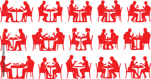 Set of Red Vector Silhouettes of Couples Having Dinner at a Restaurant Table, Romantic Dates, and Friends Dining Together Icons