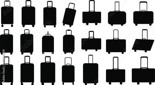 Set of Black Vector Silhouettes of Travel Suitcases and Luggage Bags with Handles and Wheels Isolated on a White Background