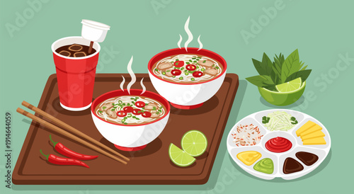 Pho vector illustration of a Vietnamese soup dish with accompaniments and a beverage