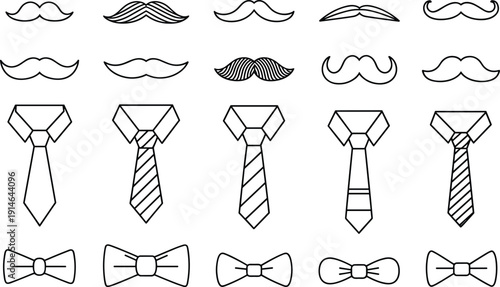 Set of Black Line Art Icons Featuring Various Moustaches, Neckties, and Bowties for Father’s Day, Gentlemen’s Fashion, and Barber Shop Design