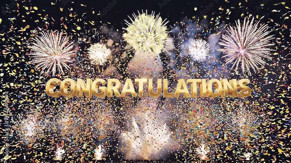 3D gold text congratulations exploding into the scene with colorful ...