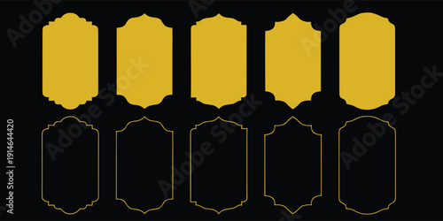 Collection of vintage gold ornamental frames and label templates on black background. Elegant decorative badge shapes with classic retro styling. Luxury borders perfect for branding, packaging . 