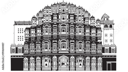 Intricately carved facade of a historic Jaipur palace with ornate windows and traditional architectural detail in a grand street scene.