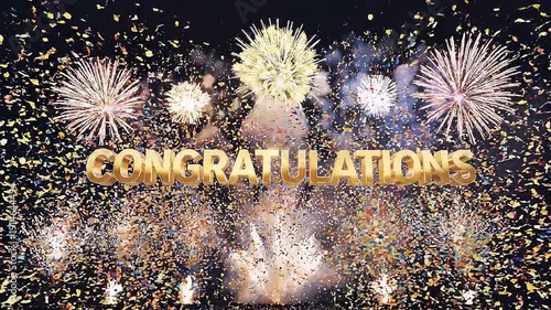 3D gold text congratulations exploding into the scene with colorful fireworks bursting