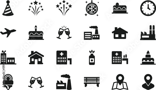 Professional minimalist black icon set featuring celebration symbols, urban infrastructure, hospitality icons, and location markers for web and app design