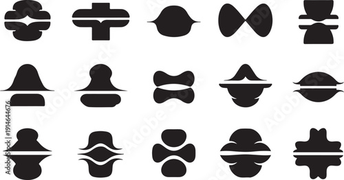 Collection of black and white abstract face icons and symbols
