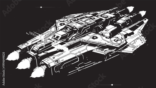 Monochrome Spacecraft Illustration Showcasing Futuristic Interstellar Vessel.