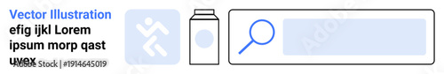 Web navigation, UI design, search functionality, product identification, e-commerce tools, digital interaction. Minimalistic graphic of a search bar, running icon and product outline. UI design