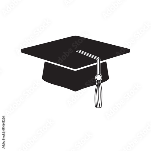 Black graduation cap icon on white background representing education and achievement illustration.
