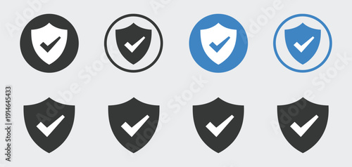 Security Shield Icon Set, check mark symbols for protection and safety verification, lock and security icons, vector illustration for digital security and safety.