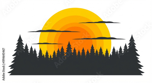 Beautiful sunset behind a dense pine forest with silhouetted trees and scattered clouds