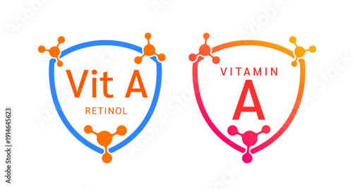 Vitamin A shield icon collection for product label design. Retinol molecule form simple line. Isolated on a white background. Medical symbol concept. Vector EPS10 illustration.
