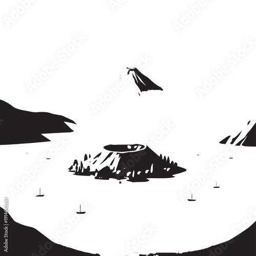 Desolate coastal landscape with rocks, water, and distant silhouette in stark monochrome.