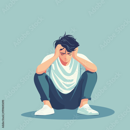 Depressed sad man thinking over problems. Loss, crisis, trouble concept , vector style simple color