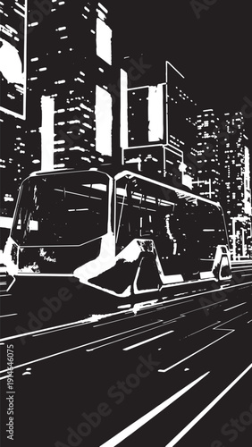 Monochrome night tram speeds through a futuristic cityscape at dusk.