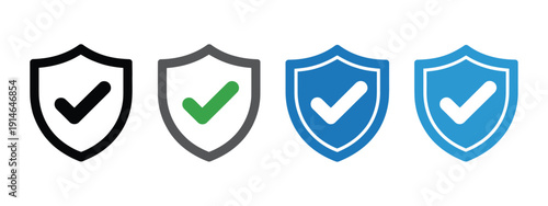 Security Shield with Checkmark Icon Set, safety and secure verification symbols, shield icons for digital protection. vector