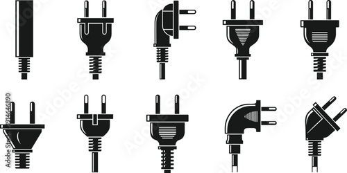 Electric plug and power connector silhouette icon set showing various angles and socket types, black electrical cable connectors illustration for energy, technology, hardware design