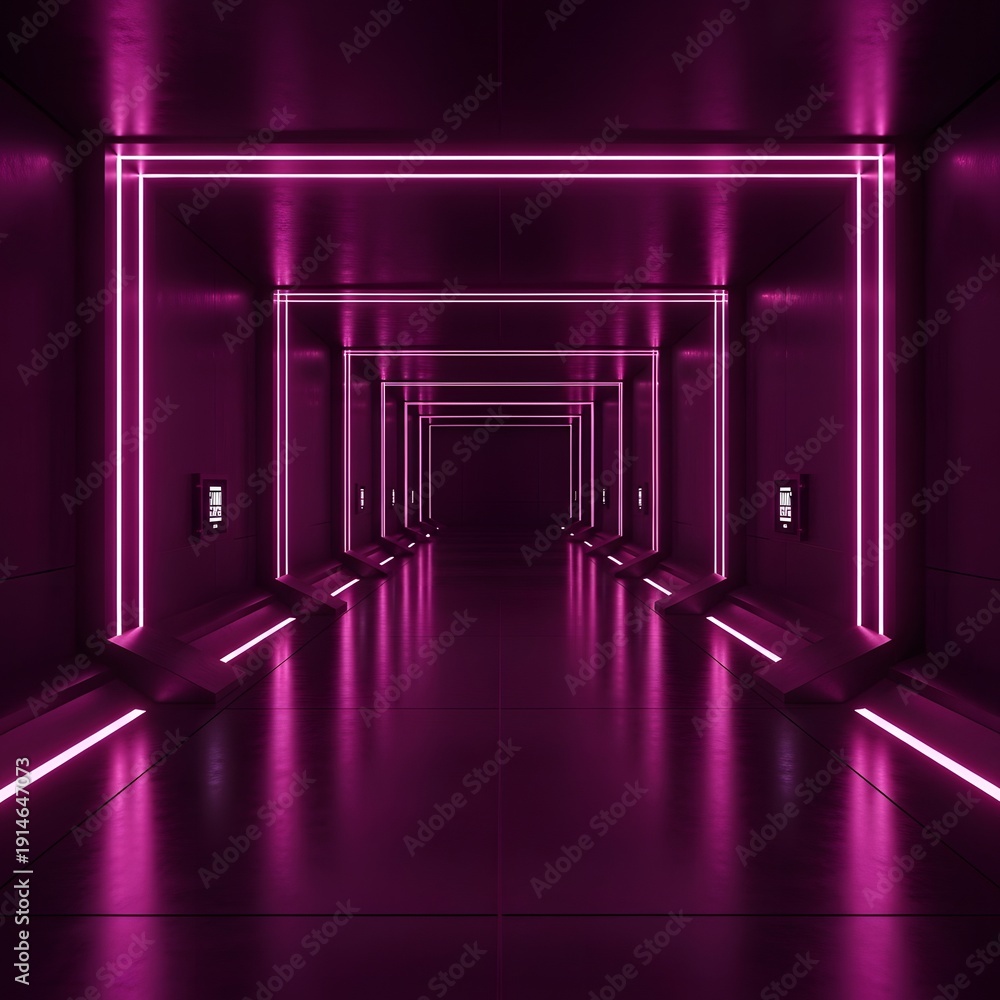 Fototapeta premium Futuristic corridor with neon lights and dark purple ambiance.