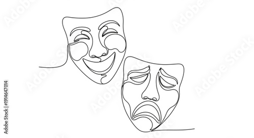 Theater masks symbolizing comedy and tragedy minimalist line art illustration on white background representing drama and performance art