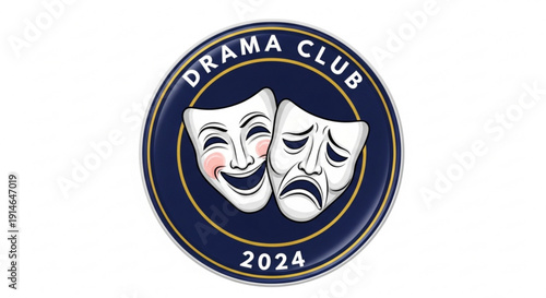 Drama club 2024 emblem featuring comedy and tragedy masks on dark blue background with gold accents