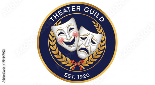 Theater guild emblem featuring comedy and tragedy masks surrounded by laurel wreath on blue background with gold trim